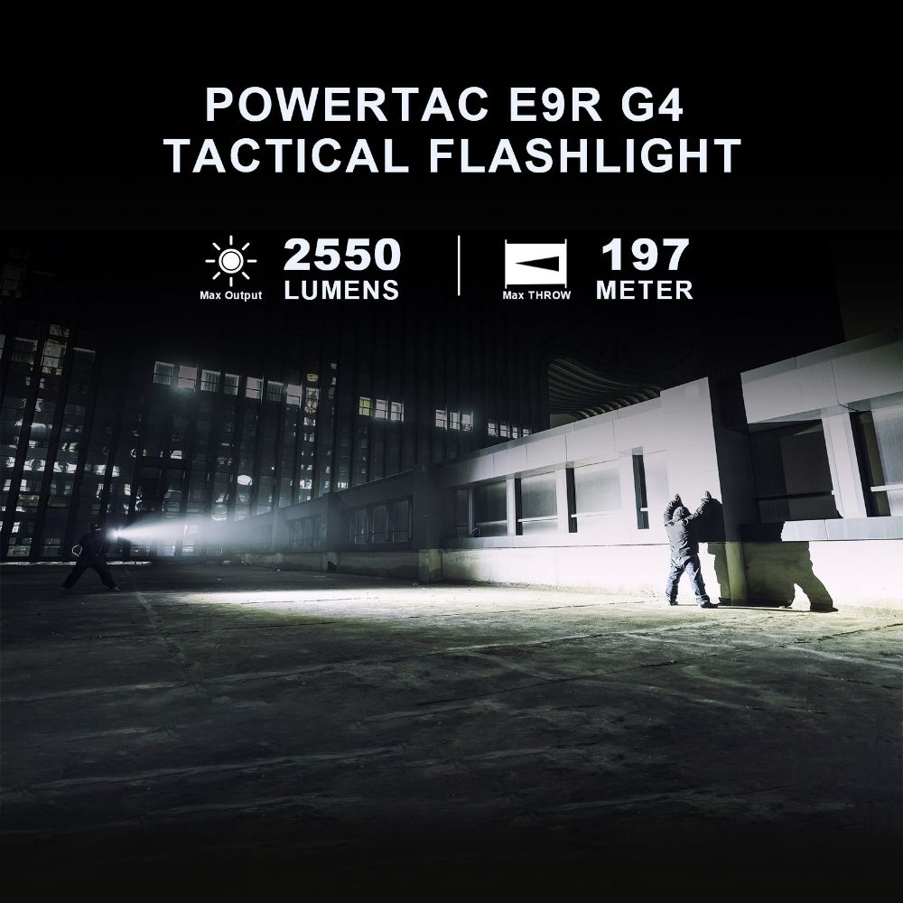 Night rooftop scene showing Powertac E9R G4 beam with 2550 lumen and 197 meter range text overlay