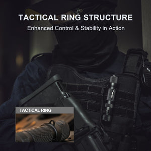 Powertac E9R G4 clipped to tactical vest with closeup of removable tactical ring for added control