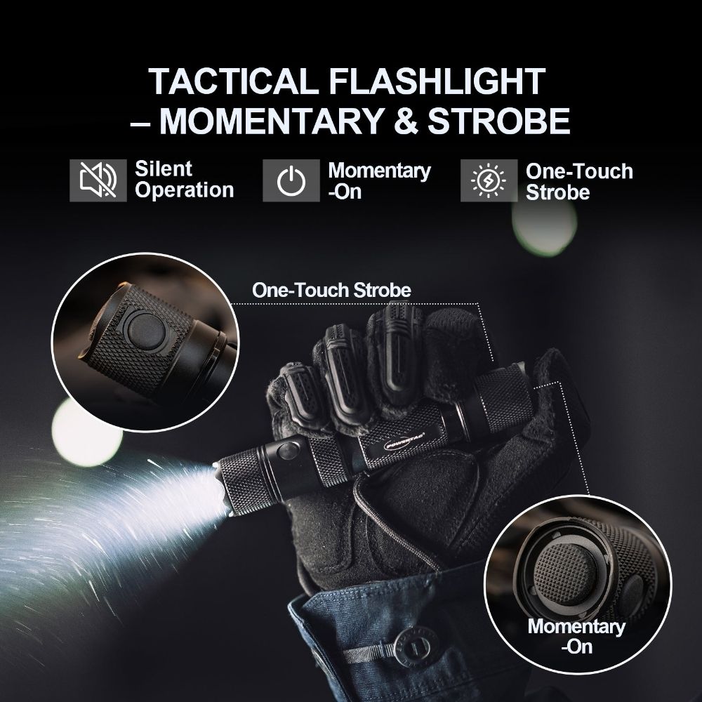 Gloved hand holding Powertac E9R G4 flashlight with closeups of tail switch for momentary and strobe