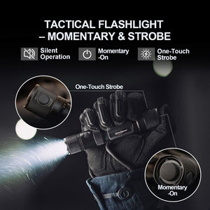 Gloved hand holding Powertac E9R G4 flashlight with closeups of tail switch for momentary and strobe