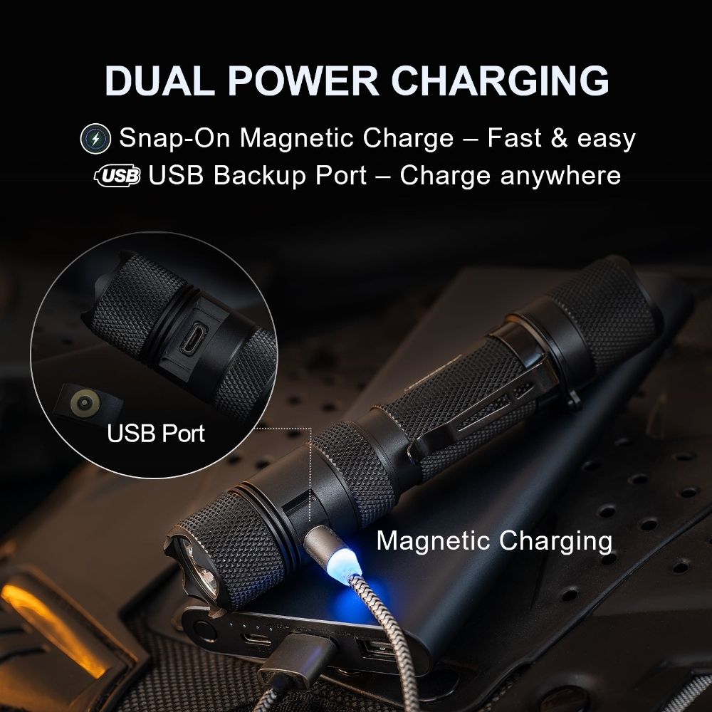 Powertac E9R G4 flashlight charging on power bank with magnetic cable and USB backup port detail