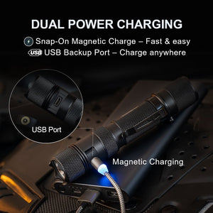 Powertac E9R G4 flashlight charging on power bank with magnetic cable and USB backup port detail