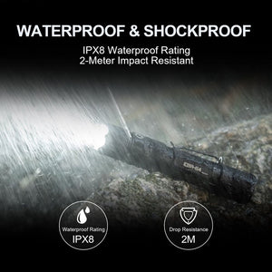 Powertac E9R G4 flashlight in heavy rain on rocks with IPX8 waterproof and 2 meter drop rating icons