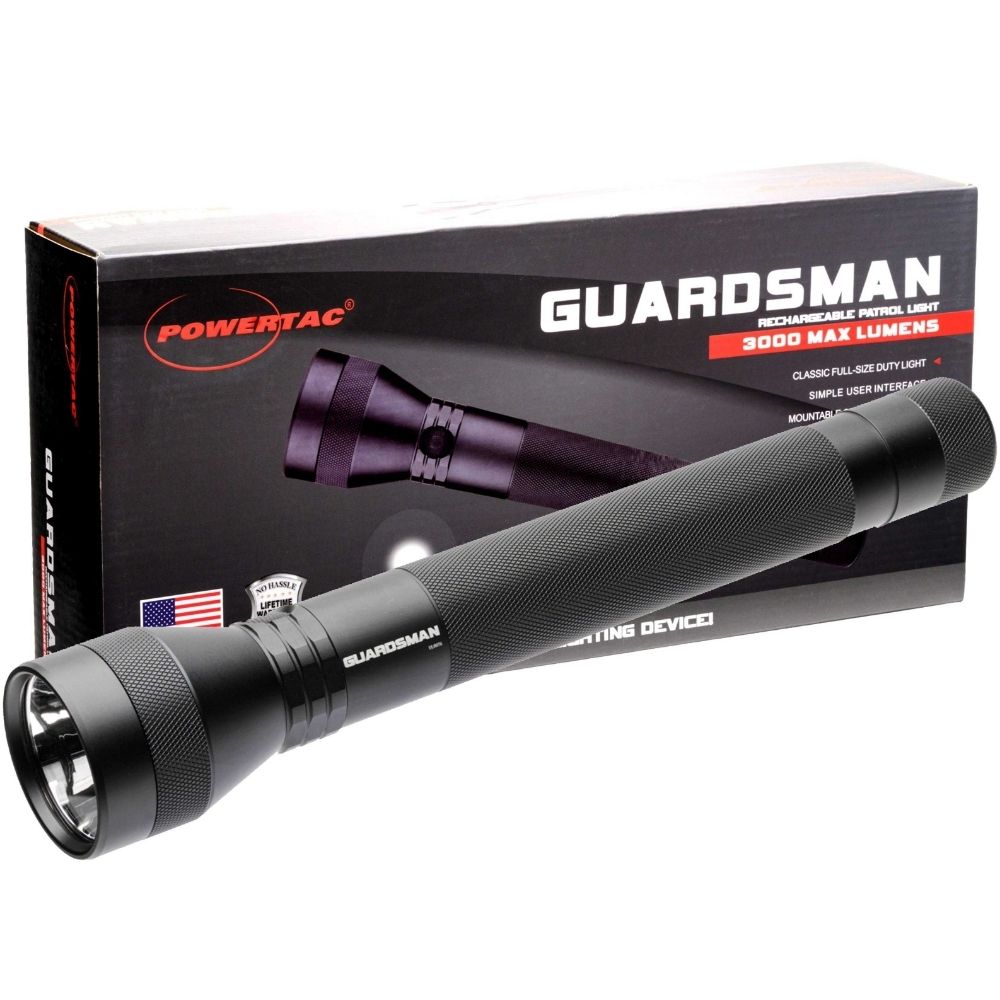 Powertac Guardsman patrol flashlight displayed in front of retail box with 3000 lumen branding