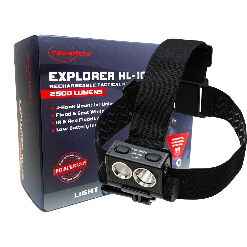 Explorer HL-10 rechargeable tactical headlamp with adjustable strap displayed in front of Powertac retail box