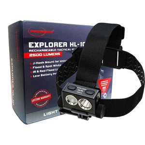 Explorer HL-10 rechargeable tactical headlamp with adjustable strap displayed in front of Powertac retail box