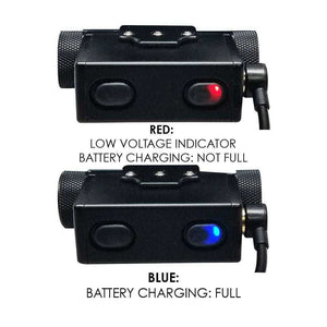 Top view of HL-10 headlamp showing red and blue LED battery indicators for low and full charge
