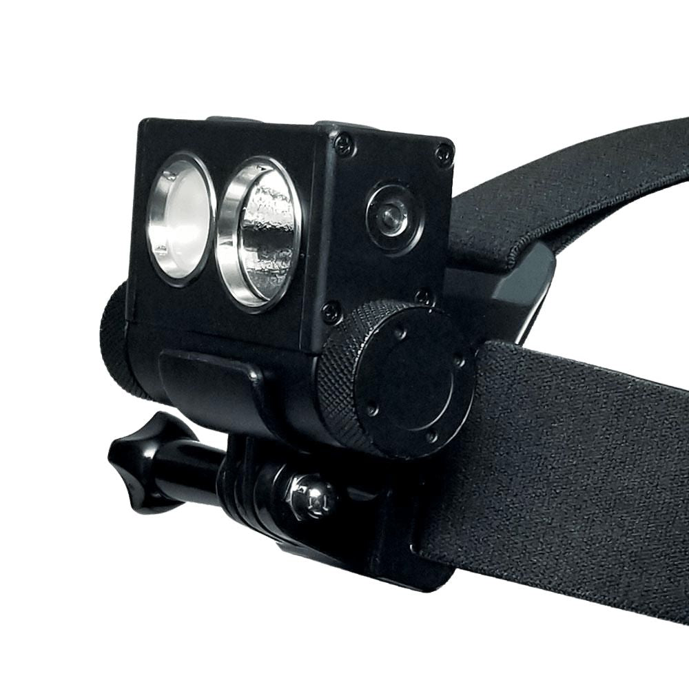 Close-up of Explorer HL-10 dual-beam headlamp mounted on wide adjustable head strap