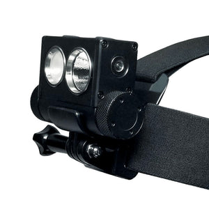 Close-up of Explorer HL-10 dual-beam headlamp mounted on wide adjustable head strap