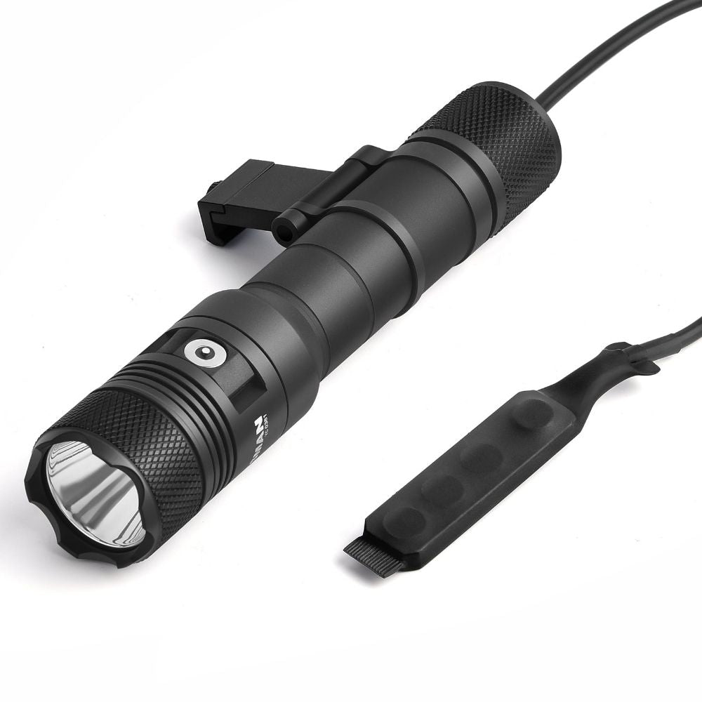 Powertac Huntsman Picatinny flashlight with rail mount and remote pressure switch on white background