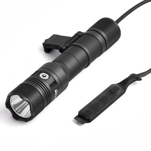 Powertac Huntsman Picatinny flashlight with rail mount and remote pressure switch on white background