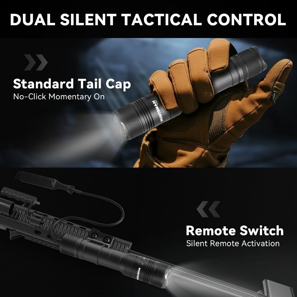 Powertac Huntsman Picatinny flashlight showing dual silent controls with tailcap switch and remote pressure switch on rifle