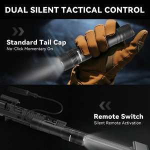 Powertac Huntsman Picatinny flashlight showing dual silent controls with tailcap switch and remote pressure switch on rifle