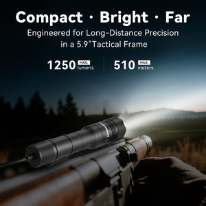 Powertac Huntsman Picatinny weapon light mounted on rifle shining 1250 lumen beam up to 510 meters