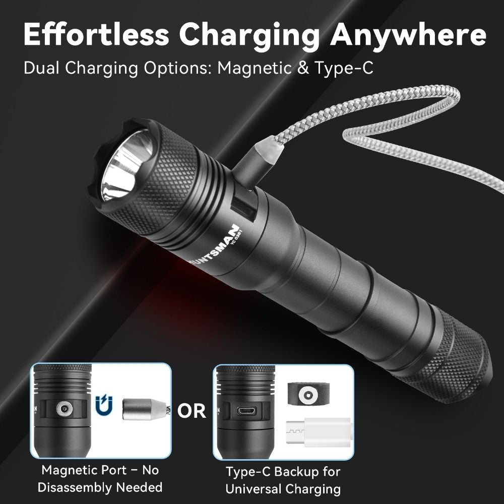 Powertac Huntsman Picatinny tactical flashlight showing dual charging options with magnetic port and USB C backup