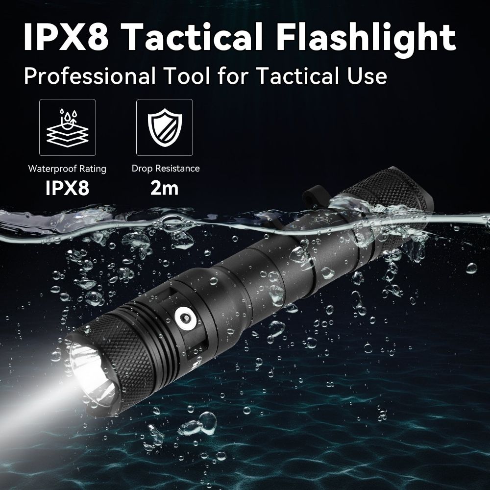 Powertac Huntsman Picatinny IPX8 waterproof tactical flashlight submerged in water with 2 meter drop resistance icons