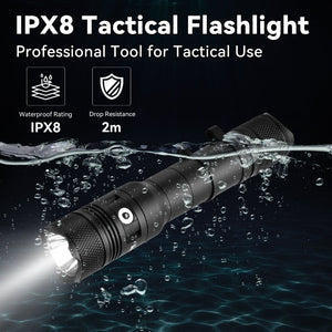 Powertac Huntsman Picatinny IPX8 waterproof tactical flashlight submerged in water with 2 meter drop resistance icons