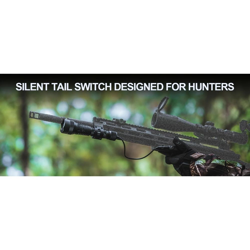 Huntsman XLT flashlight mounted on hunting rifle with remote pressure switch and silent tail switch designed for hunters