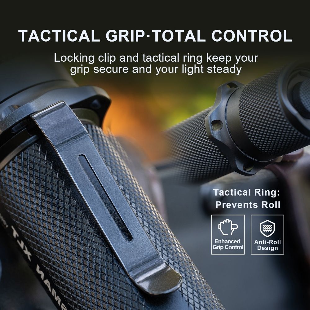 Close up of Huntsman XLT tactical flashlight clip and anti roll ring for secure grip and carry