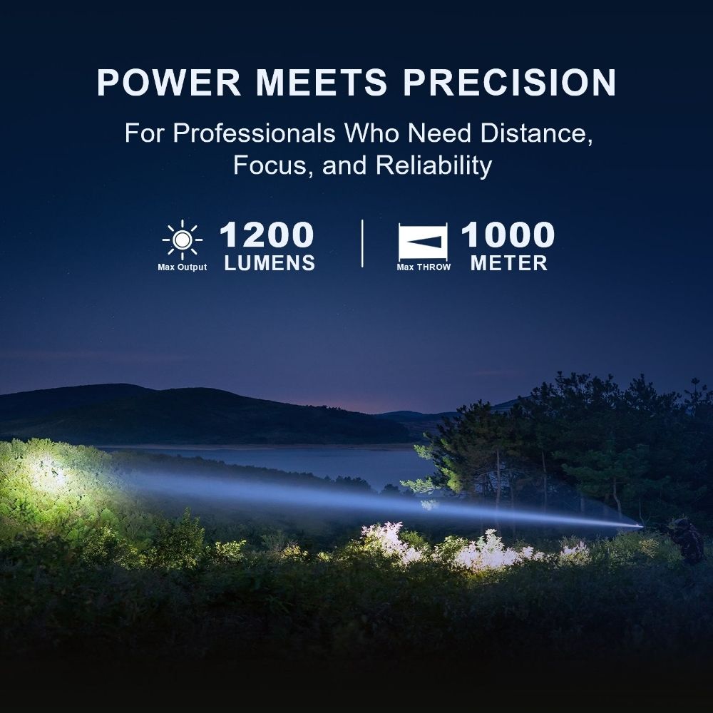 1200 lumen Huntsman XLT flashlight beaming across distant hills with 1000 meter max throw callouts