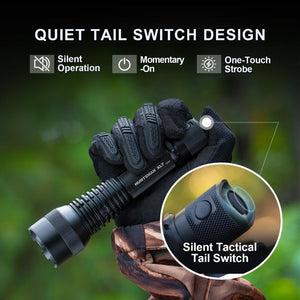 Gloved hand using Huntsman XLT flashlight with quiet tail switch design and one touch strobe diagram