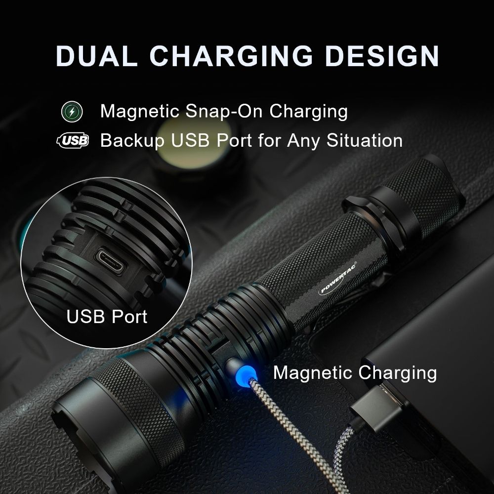 Huntsman XLT flashlight showing dual charging design with magnetic snap on cable and backup USB C port