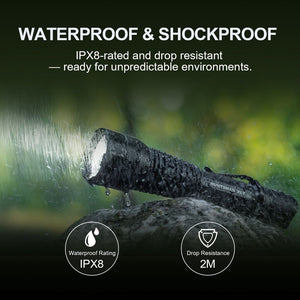 Waterproof Huntsman XLT tactical flashlight shining in heavy rain with IPX8 and 2 meter drop resistance icons