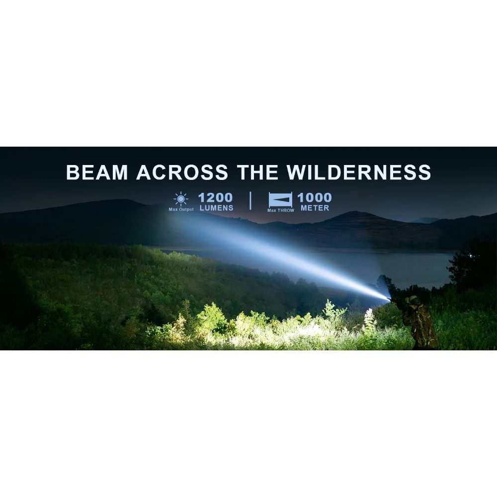 Huntsman XLT flashlight beaming across the wilderness with 1200 lumen and 1000 meter throw specifications