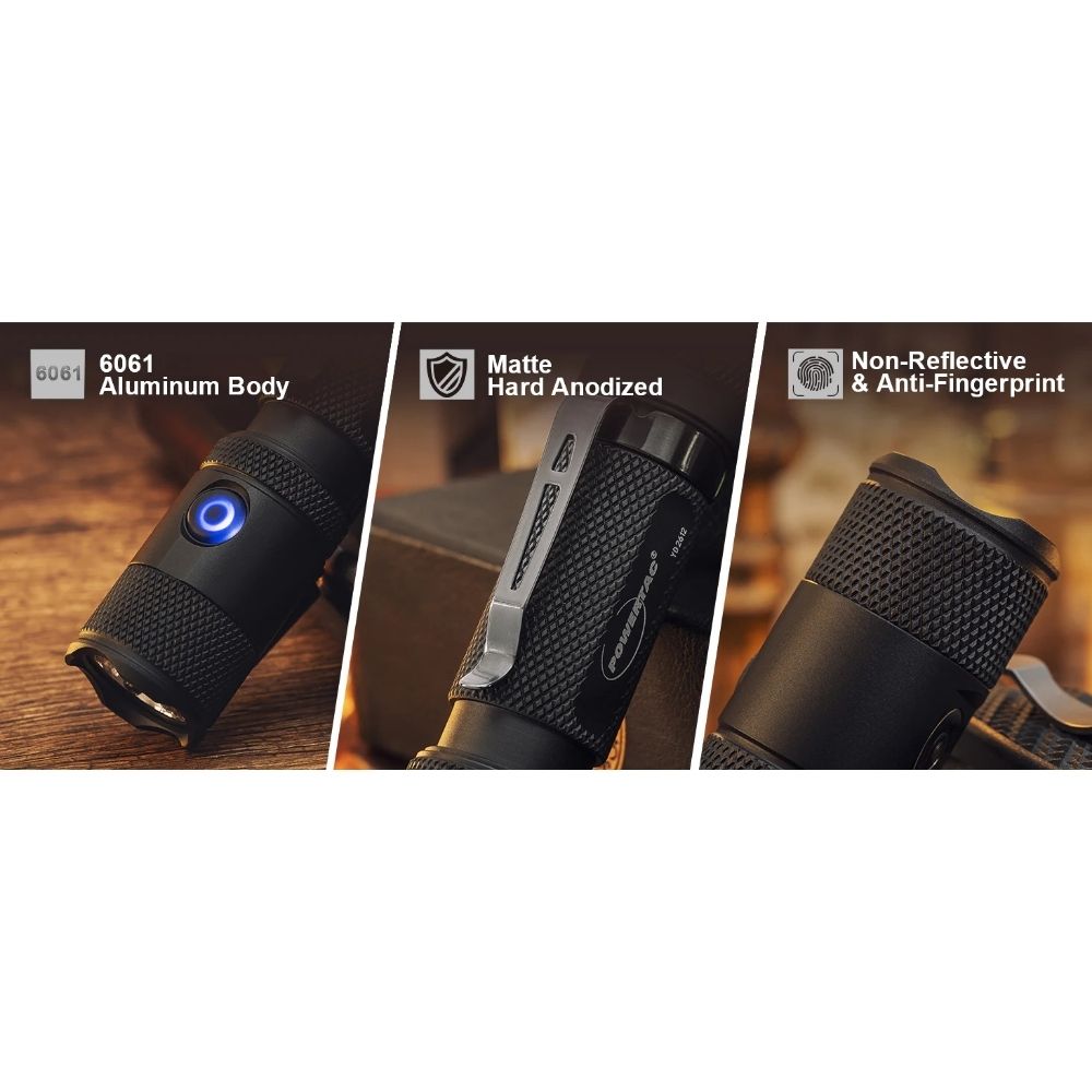 Close-up collage of Powertac M5 Gen3 flashlight details: 6061 aluminum body, matte hard-anodized, anti-fingerprint finish.