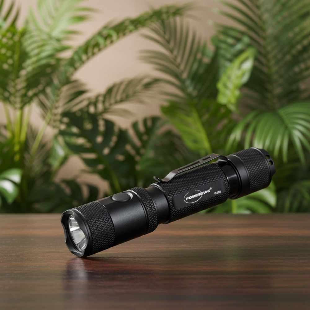 Powertac M5 Gen3 EDC flashlight resting on a wooden table with green foliage in the background.