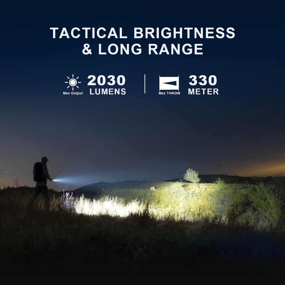 Hiker using a Powertac M5 Gen3 flashlight at night, 2030-lumen beam lighting a hillside out to 330 meters.