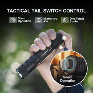 Hand holding a Powertac M5 Gen3 flashlight, highlighting the tactical tail switch with silent, momentary-on and strobe control.