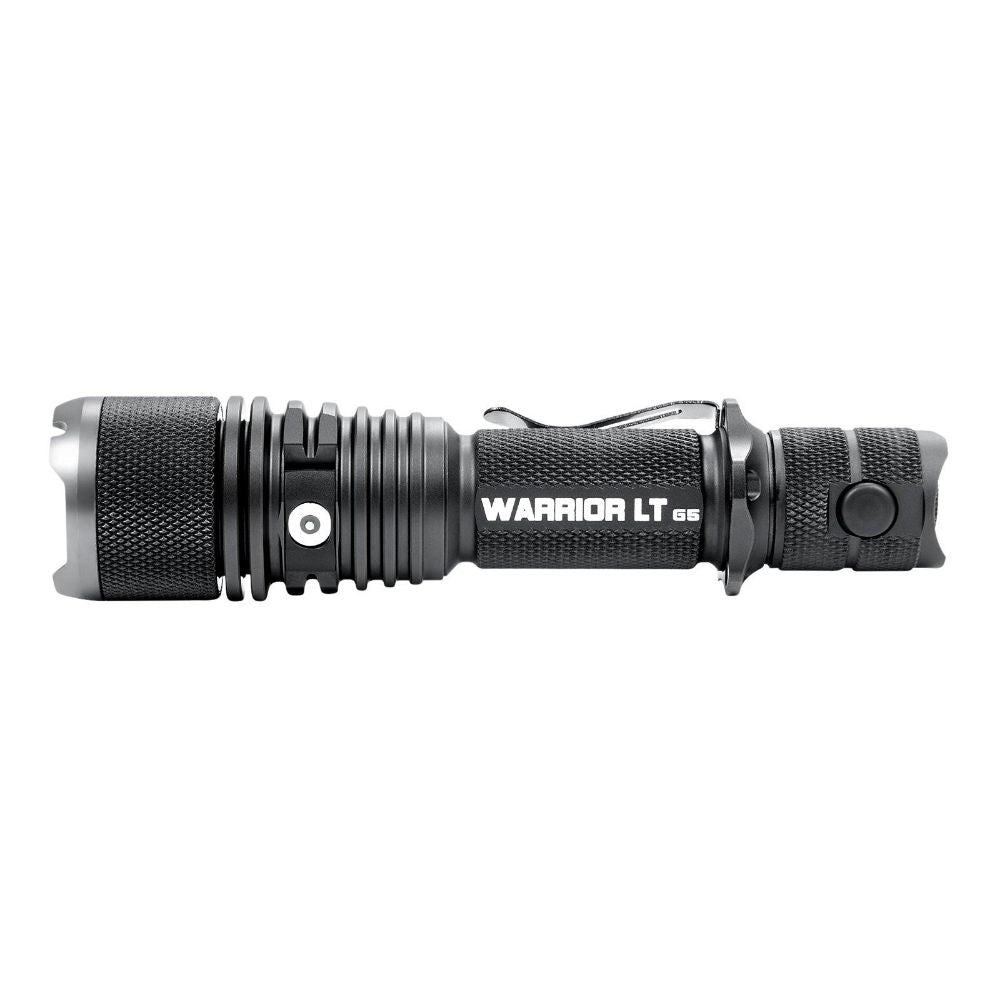 Side profile view of the Powertac Warrior LT G5 tactical flashlight on a white background.