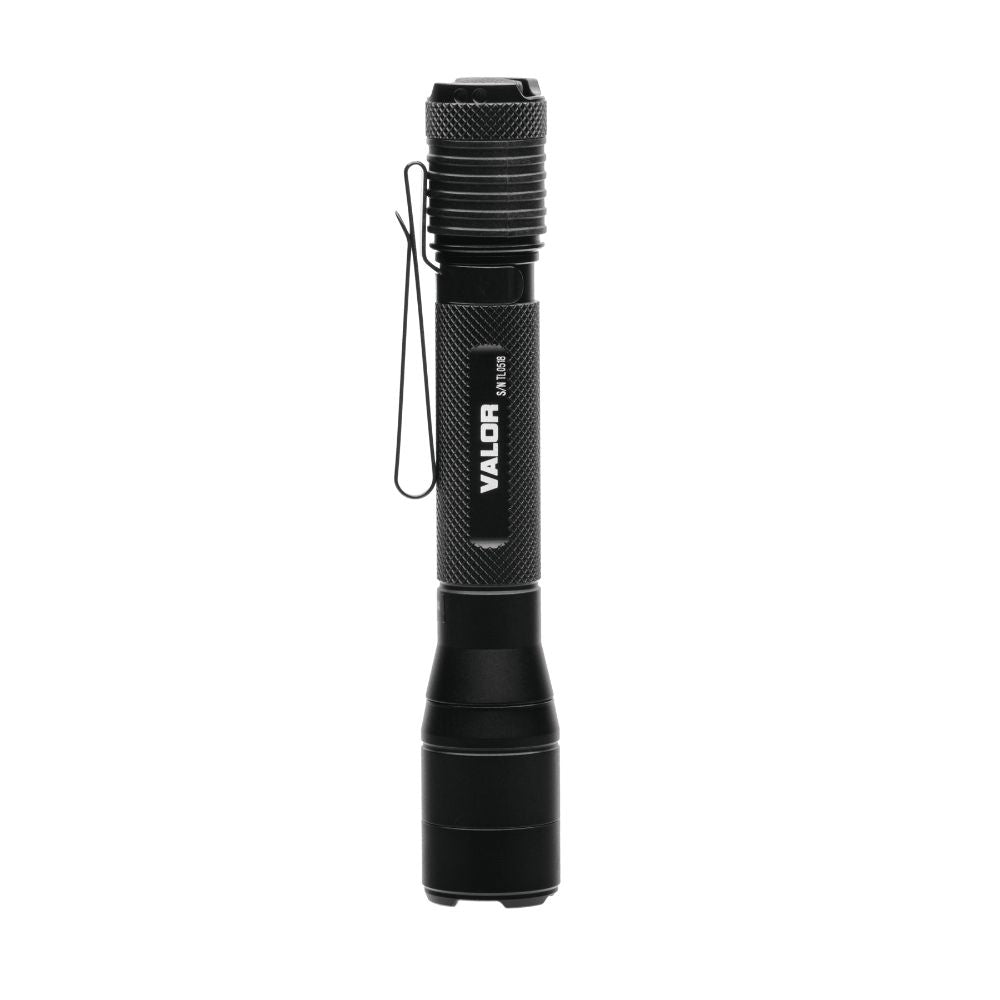 Powertac Valor AA tactical flashlight standing upright with pocket clip on white background