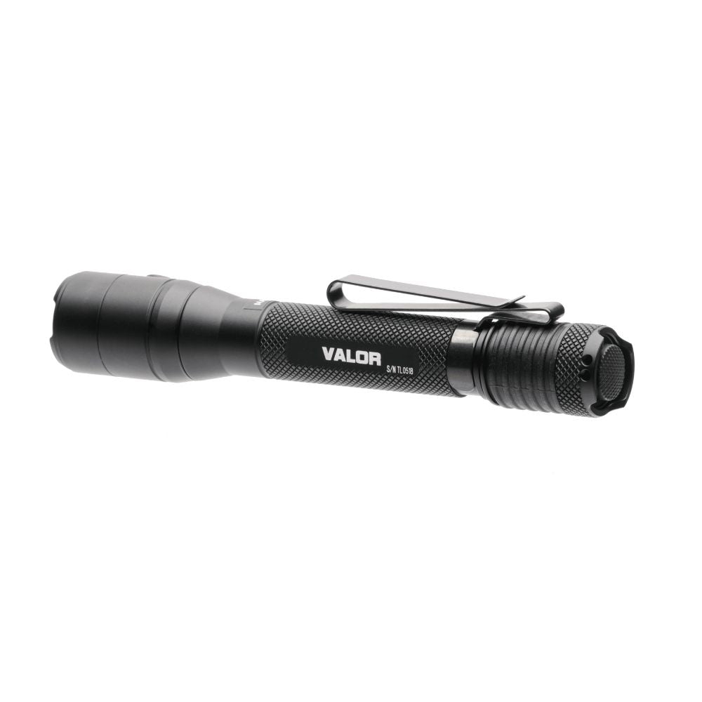 Powertac Valor AA tactical EDC flashlight angled view showing tail switch and pocket clip