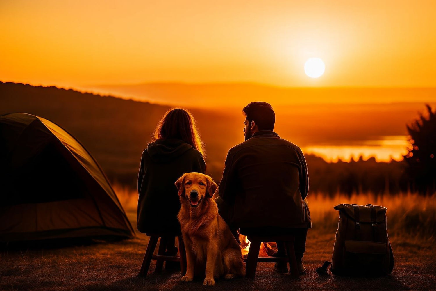 Copper-toned image of a couple and their dog sitting by a campfire at sunset, with a tent and scenic hills near a lake—Adventure Getaway Gear contact page.