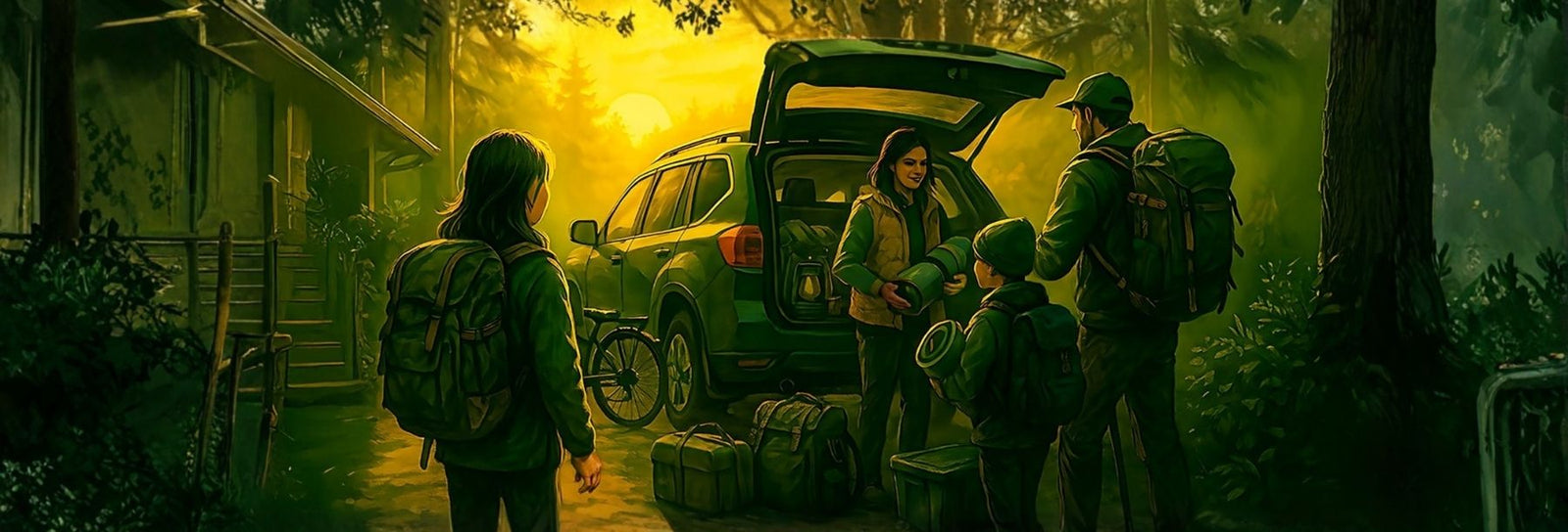 Family loading an SUV with camping gear in a forest at sunset – Adventure Getaway Gear hero artwork