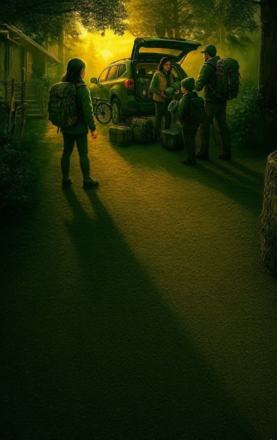 Family packing camping gear into an SUV on a forest road at sunset – AGG Gear hero image