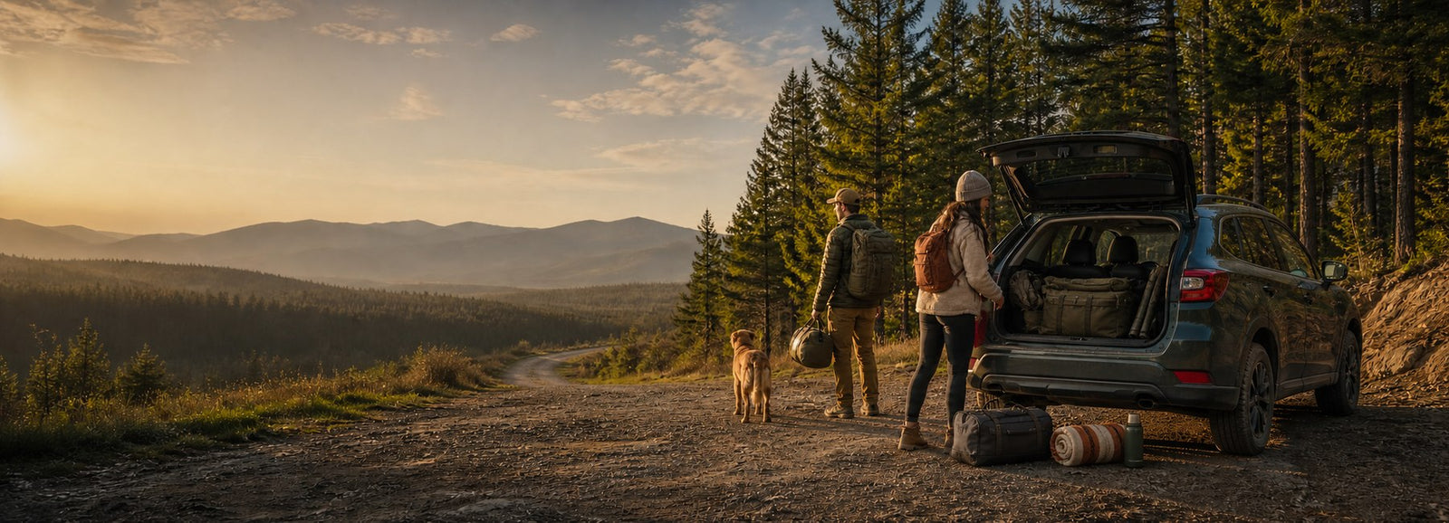 Travelers with backpacks and a dog prepare outdoor gear beside an SUV at a golden-hour mountain overlook.