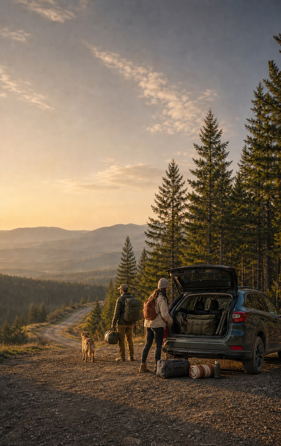 Travelers with backpacks and a dog prepare outdoor gear beside an SUV at a golden-hour mountain overlook.