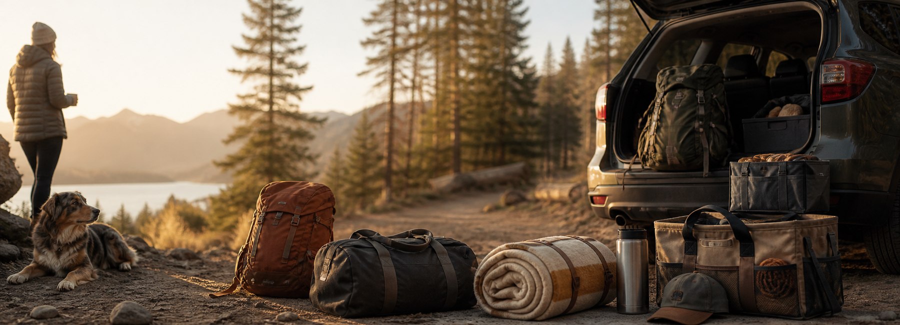 Traveler and dog beside an open SUV with backpacks and travel gear at a golden-hour mountain trailhead.