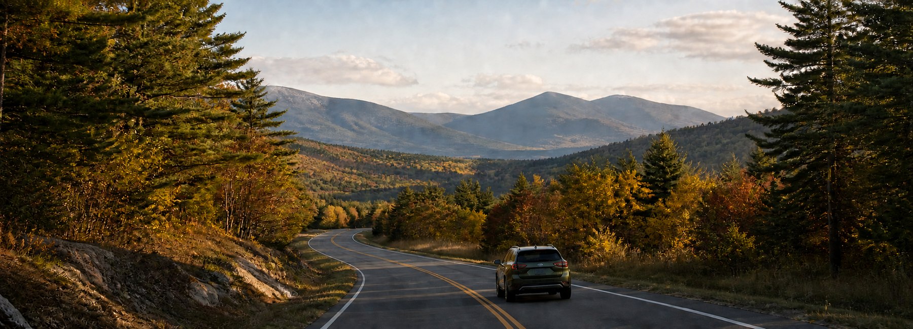A compact SUV follows a winding road through an autumn forest toward distant mountains.