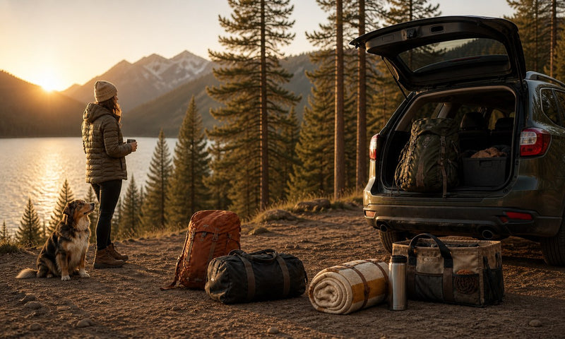 Traveler and dog beside an open SUV with backpacks and travel gear at a golden-hour mountain trailhead.