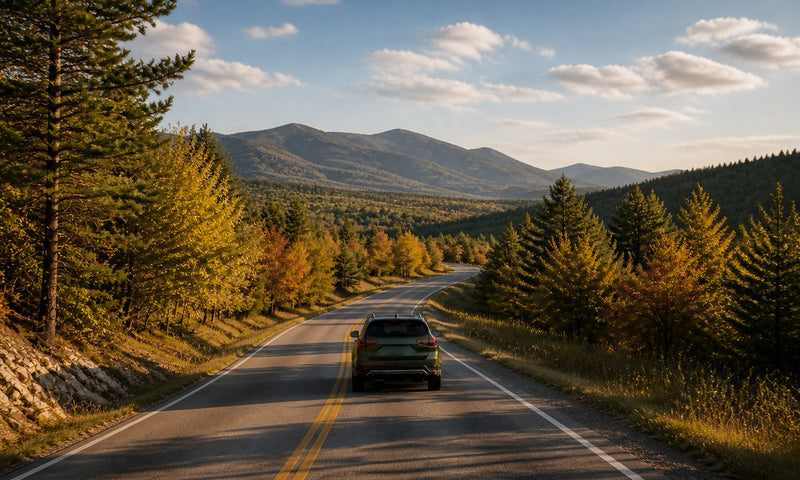 A compact SUV follows a winding road through an autumn forest toward distant mountains.
