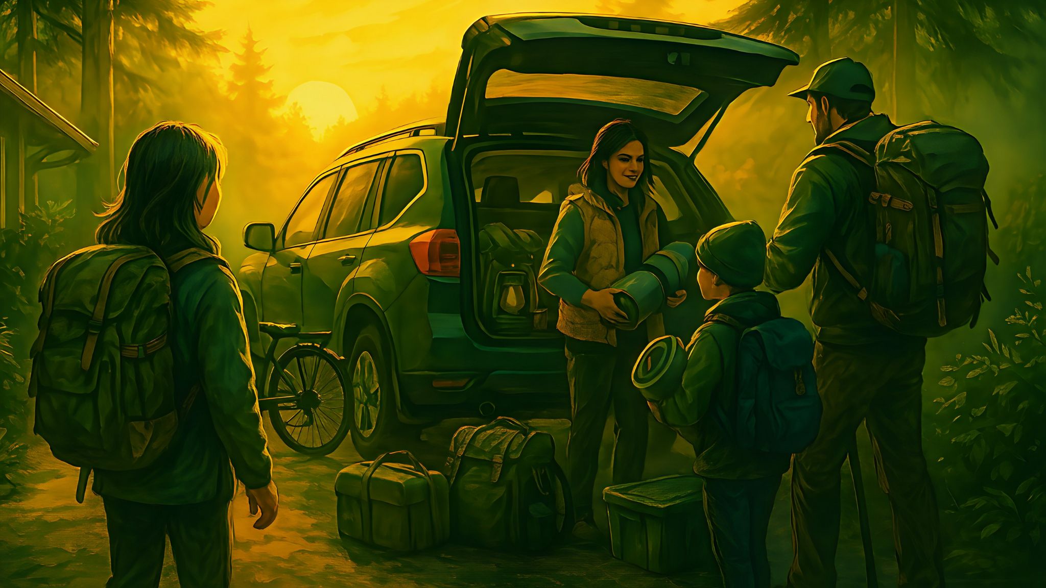 Artistic green-toned hero banner showing a family preparing for a camping adventure with an open car trunk in a forest—Adventure Getaway Gear homepage.