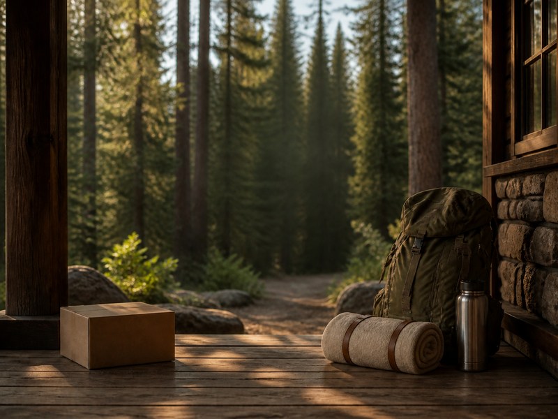 Shipping box and travel gear arranged on a cabin porch overlooking an evergreen forest.