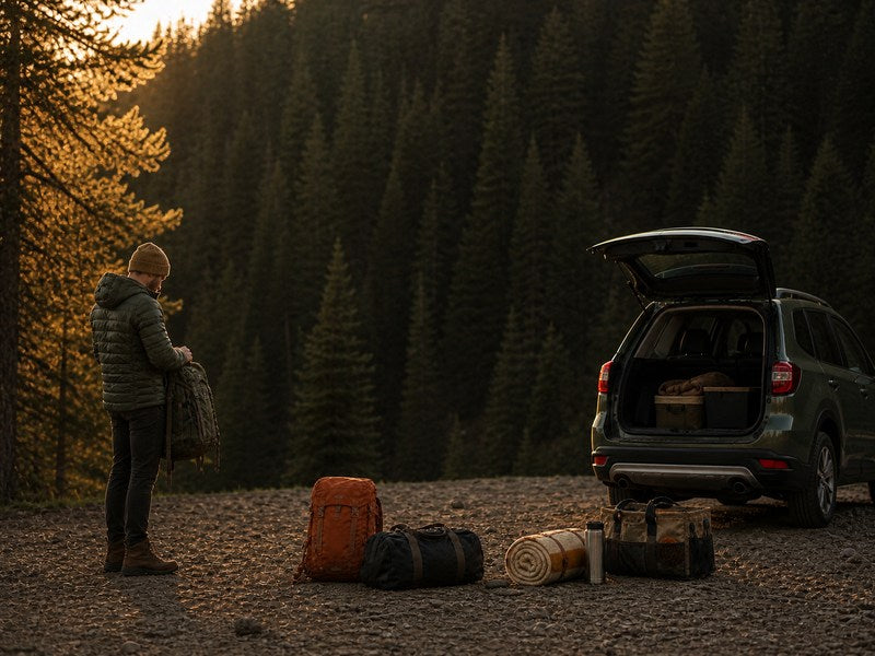 Traveler organizing backpacks and camping gear beside an open SUV at a forest trailhead.