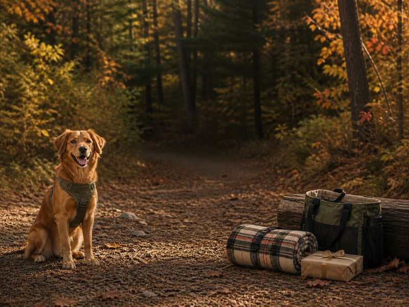 Dog in a travel harness beside a plaid blanket, pet tote, and wrapped gift on a wooded trail.