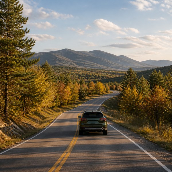 Compact SUV traveling along a winding mountain road through an autumn forest.