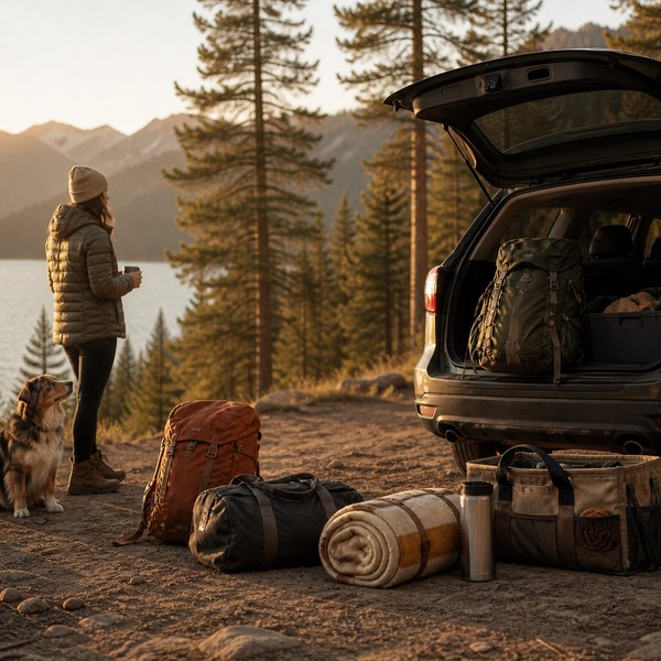 Traveler and dog beside backpacks and an open SUV at a golden-hour mountain trailhead.